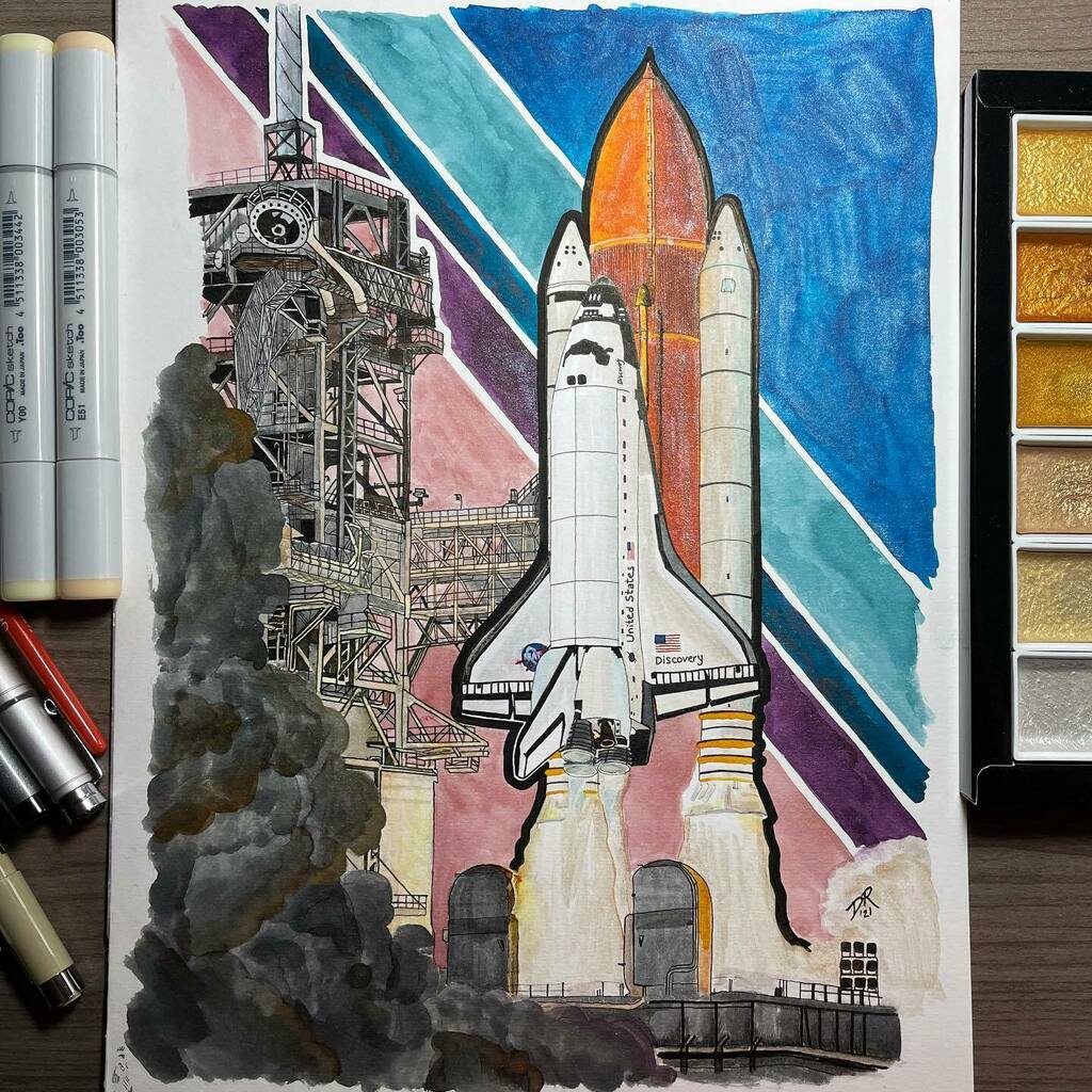 Finished! “STS-133 Launch”, 9x12”, ink, marker, pearlescent ink and watercolor on illustration board. (That launch tower was such a slog.) 

#illustration #sts133 #shuttle #spaceshuttle #spaceart #spaceartist #spaceshuttleprogram #spaceshuttlediscovery #spaceshuttlelaunch #k…