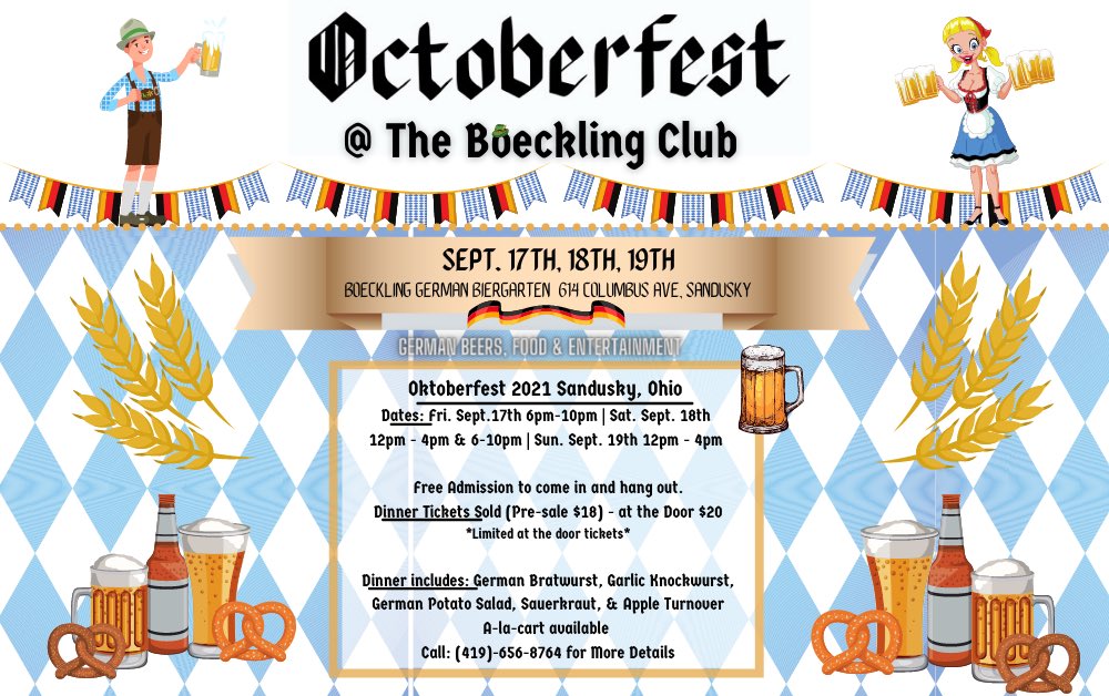 It’s fest time here on the North Coast! The Boeckling Club in Sandusky is hosting an Oktoberfest next Fri 9/17 - Sun 9/19. Enjoy German beer, food &amp; entertainment 🍻🥨 Pre-sale dinner tickets available now at the Boeckling Club. Cheers and see you there!