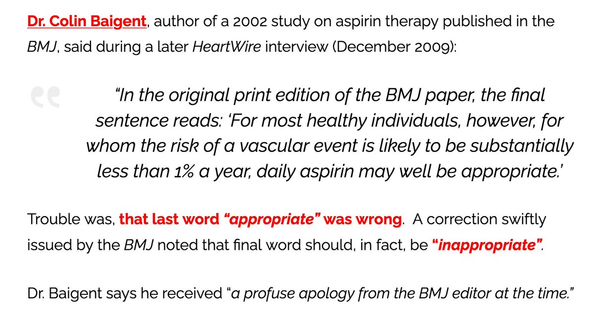 Interesting thread if you're thinking that taking a daily #aspirin will prevent a heart attack:  
Also interesting: the common practice of daily aspirin in those with no history of heart disease was based on a TYPO in the <a href="/bmj_latest/">The BMJ</a> 
myheartsisters.org/2009/09/18/asp… <a href="/alanpjacobsen/">Alan Jacobsen</a>