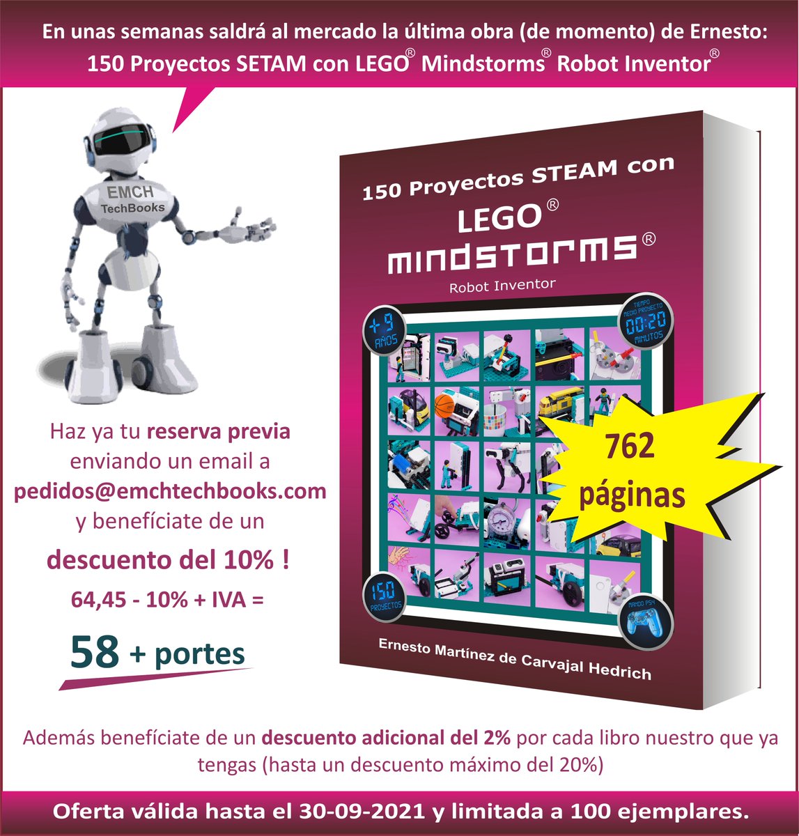 emartinezch57's tweet image. Nuevo libro LEGO Mindstorms Robot Inventor. Ya puedes hacer tu reserva previa con un 10% de descuento + un 2% adicional por cada libro nuestro que hayas adquirido previamente.
#EMCHTechBooks #LEGOMindstormsRobotInventor @LEGO_Education @FLL_Spain @RO_BOTICA_ @MICROLOG_TECNO