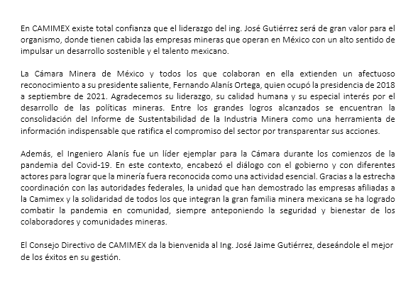 Camimex_Oficial's tweet photo. #COMUNICADO
En Asamblea Ordinaria, el Consejo Directivo de la CAMIMEX nombró al ingeniero José Jaime Gutiérrez Núñez como nuevo presidente de la organización.
Le damos la bienvenida, deseándole el mejor de los éxitos en su gestión. https://t.co/SVzEnR4Rzf