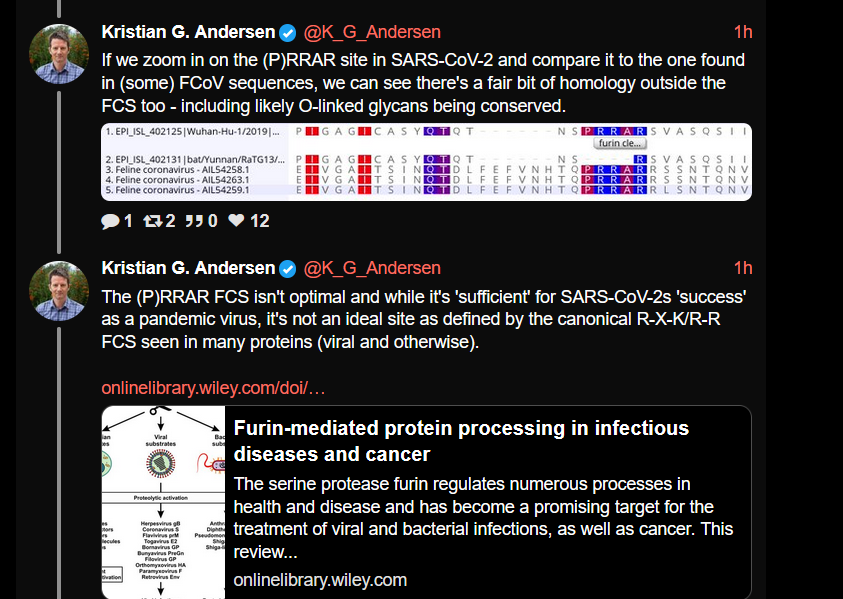 The FCS might be similar at the aa level to some FCoV sequences, but less at the nt level.  https://twitter.com/CZilcho/status/1388090961490743299Andersen does not mention that the FCS binds extremely well to heparan sulphate as possible result of cell passage https://link.springer.com/article/10.1007/s10311-021-01211-0