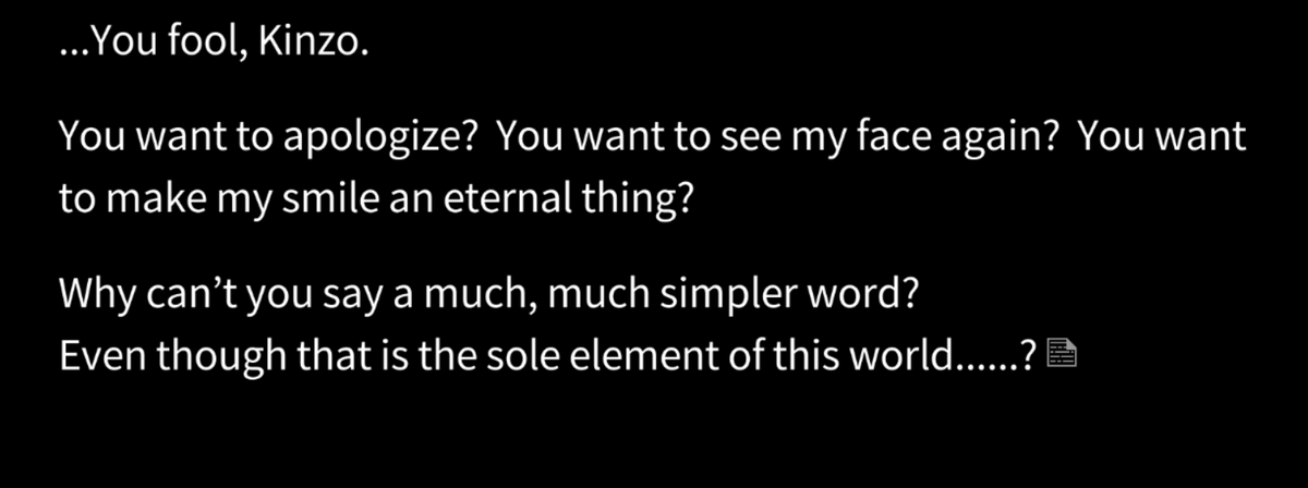 Yasu calling Kinzo out for suspecting that Kanon was Lion, but not directly asking him - maybe thinking that if Kinzo had found out earlier he wouldn't have died and she would've been able to properly talk with him to sort out her feelings.instead of having Lion thrust on her.