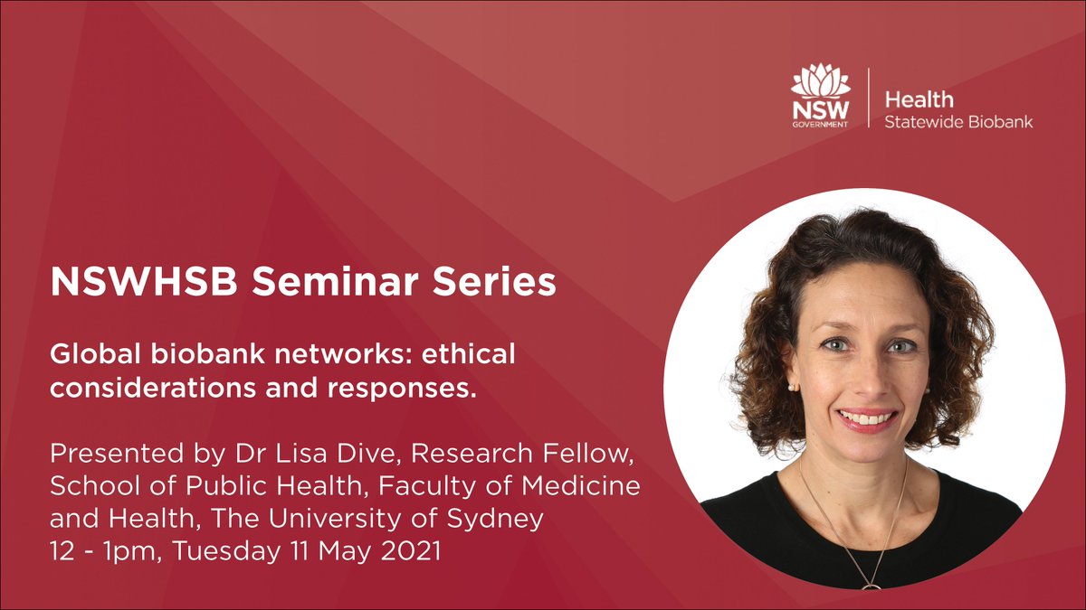 NSW Health Statewide Biobank (@nswhsbiobank) on Twitter photo Join us for (virtual) lunch on Tuesday and hear all about global #biobank networks: ethical considerations and responses. Research Fellow Dr Lisa Dive <a href="/SydHealthEthics/">Sydney Health Ethics</a> <a href="/Sydney_Uni/">University of Sydney</a> will be joining us for this highly anticipated Seminar Series talk.
@NSWHPathology <a href="/MedResearchNSW/">NSW Medical Research</a> Join us for (virtual) lunch on Tuesday and hear all about global #biobank networks: ethical considerations and responses. Research Fellow Dr Lisa Dive <a href="/SydHealthEthics/">Sydney Health Ethics</a> <a href="/Sydney_Uni/">University of Sydney</a> will be joining us for this highly anticipated Seminar Series talk.
@NSWHPathology <a href="/MedResearchNSW/">NSW Medical Research</a>