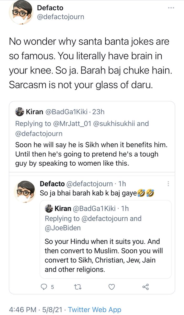 1.  @defactojourn indulged Twitter on May 8, 2021, with the almost spontaneous birth of a subjective thread on an NGO that has been helping out in the  #FarmersProtest and  #OxygenCrisis. He furthered his clout after going ballistic on some tweeters who merely critiqued his opinion.