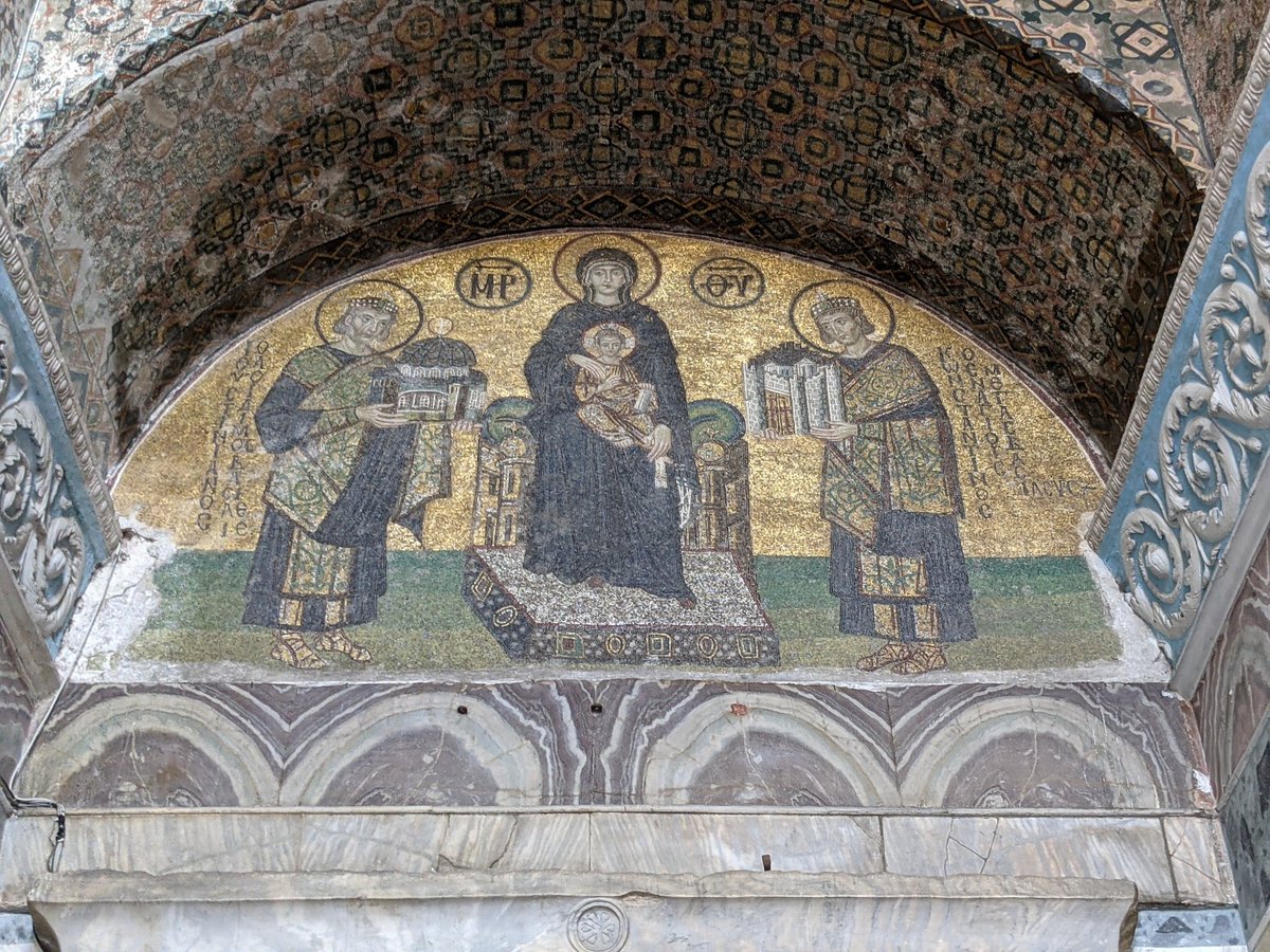 Near the entrance an incredible gold leaf decorated mosaic depicts the Emperor Justinian I (left) offering the Hagia Sophia to Mary and Jesus. The Emperor Constantine (right) is offering Constantinople itself!