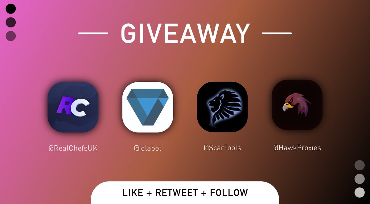 Giveaway time 🥳 Like, Retweet, and follow all accounts @RealChefsUK - 1 Free LT @idlabot - 1 Beta Key @ScarTools - 1 Key @HawkProxies - 1GB Standard @FluidProxies_ - 1GB Extra Entries for tagging a friend Ends in 48hrs 👀