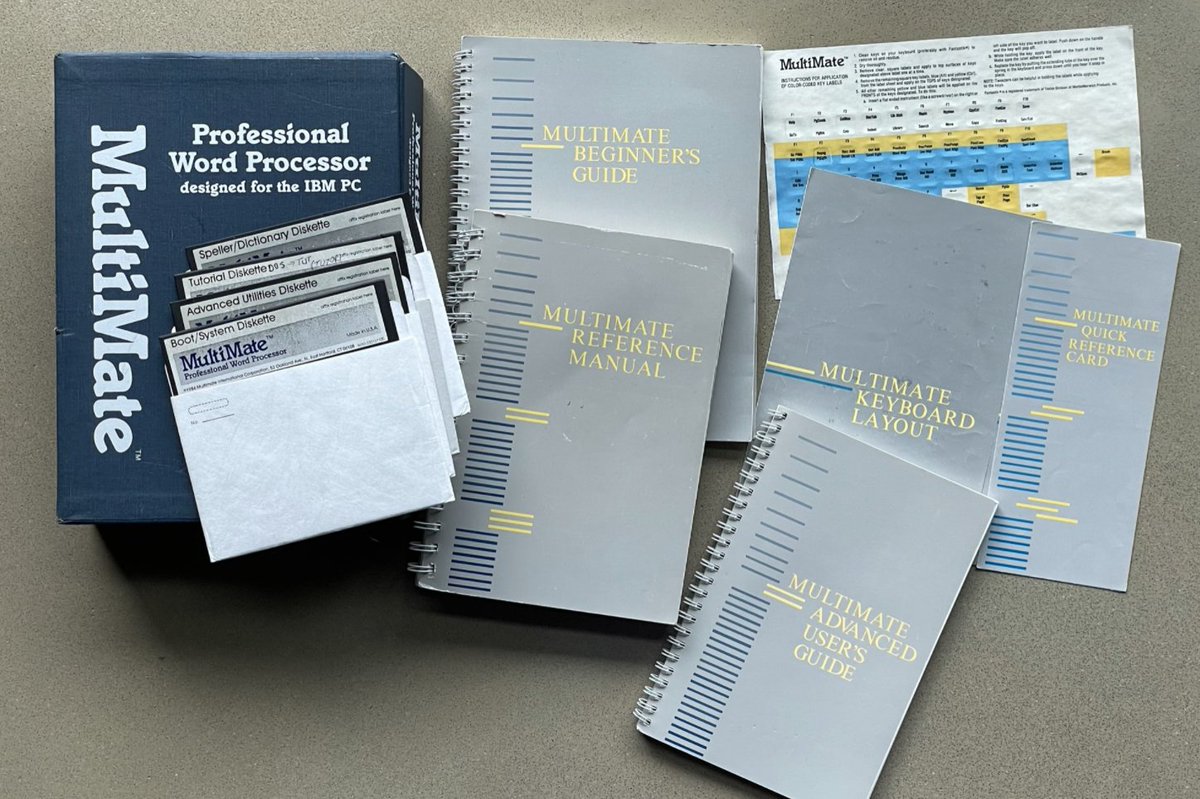 Why were word processors $500+ in 1980s (~$1300 2021)? Aside from "seemed right" the packaging and contents were expensive. Here's a leading WP MultiMate. It came with several books, reference cards, keyboard templates, backup disks... The box is a fancy cloth storage box. 1/