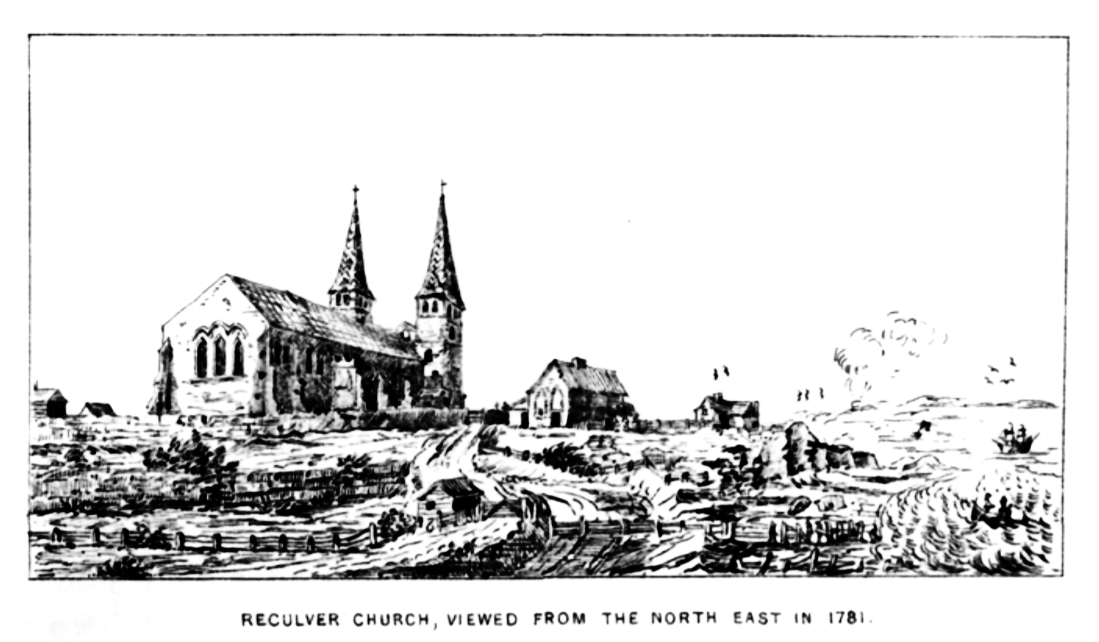 Reculver went on as a regular parish church through the middle ages. although much was changed, like a regular square-ended 13thc chancel, the antique triple arch remained, until the sea started to encroach on it by the early 19thc...