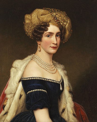 Caroline Augusta of Bavaria succeeded Maria Ludovika as Empress and fourth wife of Franz I of Austria in 1816. She had previously been married to William, Crown Prince of Württemberg. The marriage with Franz was a happy one to the end, albeit childless. She died in 1873.