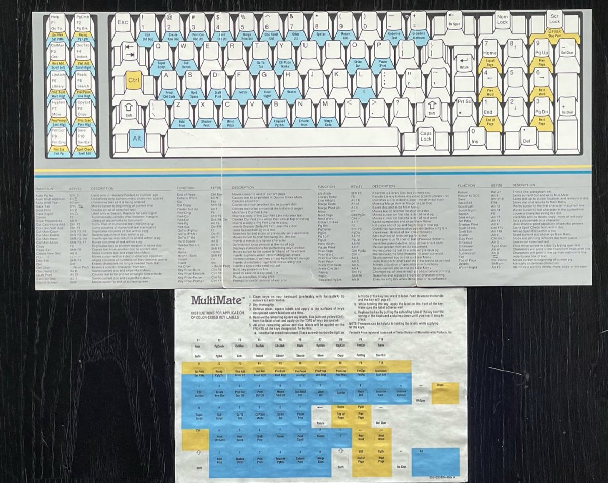 3/ Products were enormously complex to use. It often took weeks to become kind of proficient. Mostly because usage meant learning essentially arbitrary keyboard "chords". MultiMate was famous for *stickers* you'd put on your keys (talk about commitment). (tough to find these!)