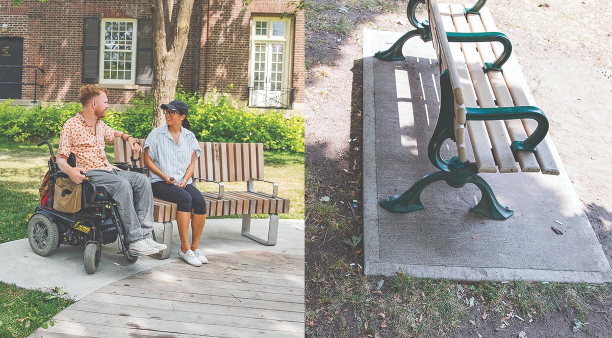 This bench is still awful because it has the hostile architecture design of metal bar divisions - also hostile to couples, kids, fat people as well any people (often disabled and/or homeless) who need to lie down.But shows the accessibility solution is space beside the bench.