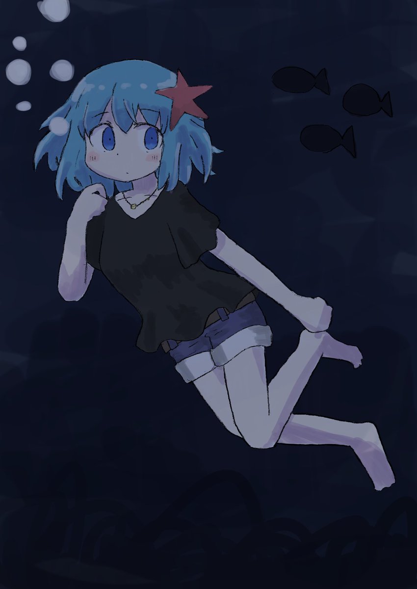 1girl blue eyes shorts blue hair underwater shirt solo  illustration images