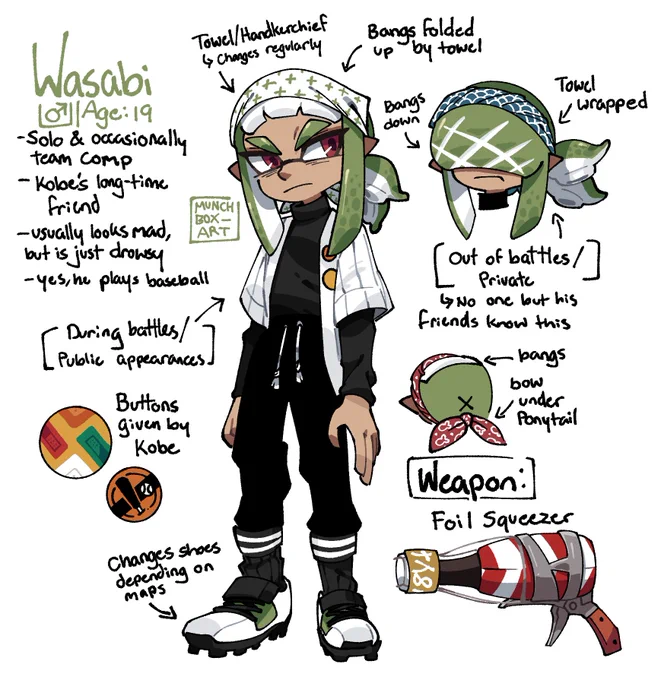 Wasabi! An old friend of Kobe's (and the one that introduced him to the competitive scene!) Might alter his design a bit in the future but here he is!  #Splatoon #Splatoon2 