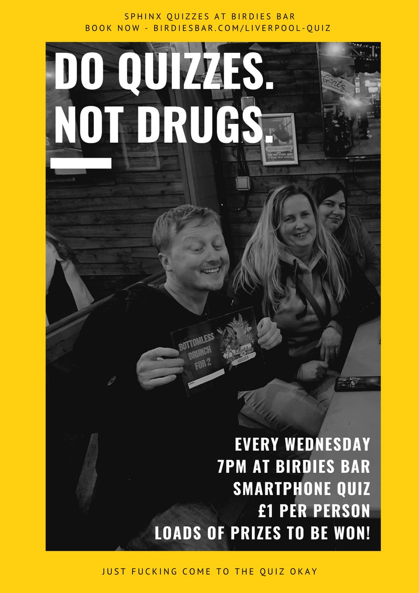 MrSpecialK95's tweet photo. EVERY WEDNESDAY!

7pm. 🕖
@birdiesbarbbq . 🦜
@sphinx_uk Smartphone Quiz. 📱
£1pp to play. 💷
Tons of prizes! 🏆

Check out https://t.co/WCMIvyZ8vf

If you don’t come you wanted a Tory to be our Mayor! 🏅

#DoQuizzes #NotDrugs #SphinxQuizzes #QuizHostWithTheMost #BirdiesBars https://t.co/6QuE3ZQpEG