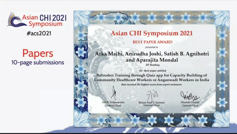 Its a pleasure to let you know, that my work with <a href="/anirudhaidc/">Anirudha Joshi</a>, Satish Agnihotri and @aparajita1992 has been selected for Best Paper Award at <a href="/asian_chi_conf/">AsianCHI2021</a> in #CHI2021. The study compares effectiveness of quiz app with classroom training of Anganwadi Workers. @sig_chi  #acs2021