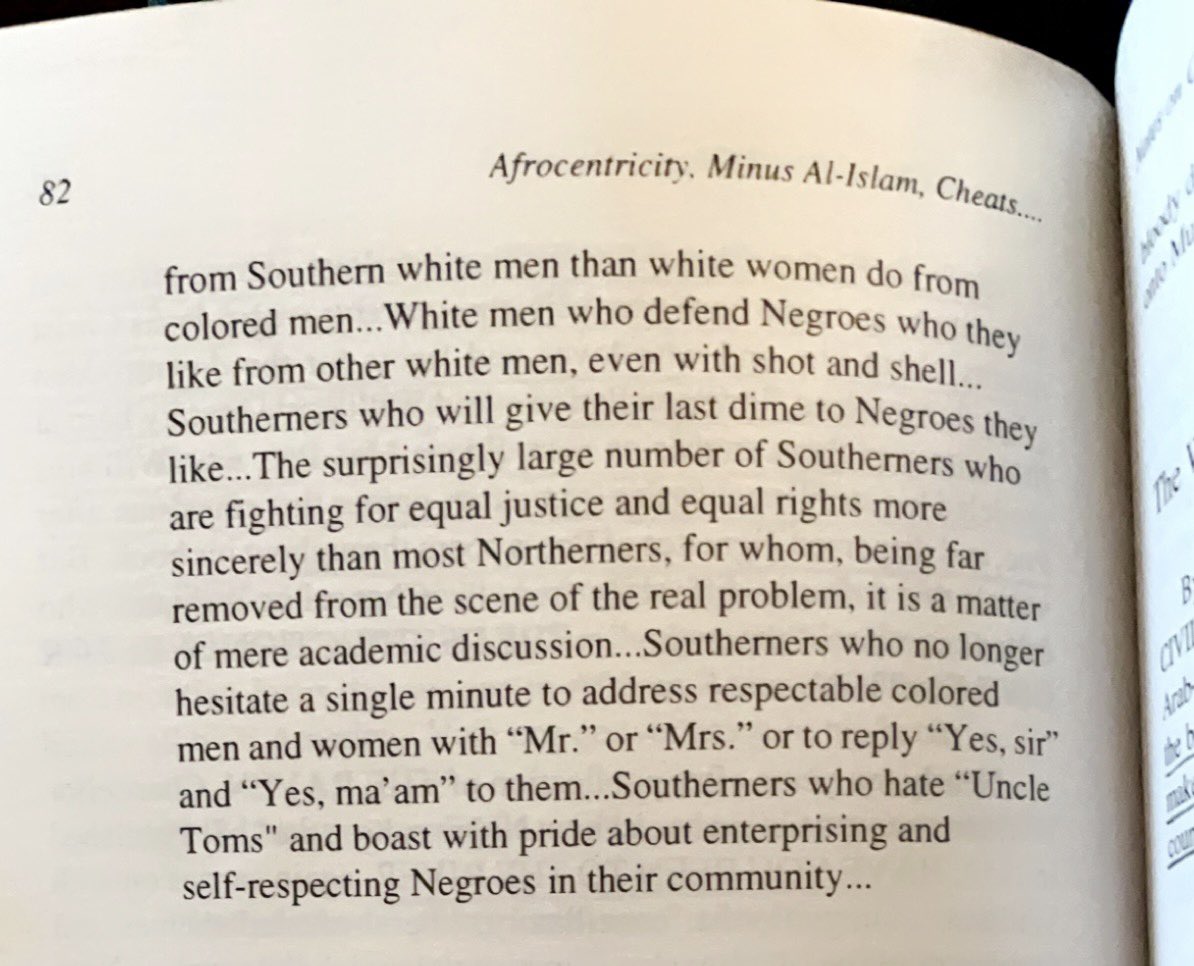 In his 1952 fiction book Have You Been to the River, Chancellor Williams talks at length abt how the Jim Crow South isn’t a racist place but a utopia of racial harmony where the good white folks love Black ppl & it’s all kumbaya & sunshine.