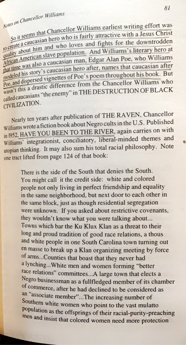 In his 1952 fiction book Have You Been to the River, Chancellor Williams talks at length abt how the Jim Crow South isn’t a racist place but a utopia of racial harmony where the good white folks love Black ppl & it’s all kumbaya & sunshine.