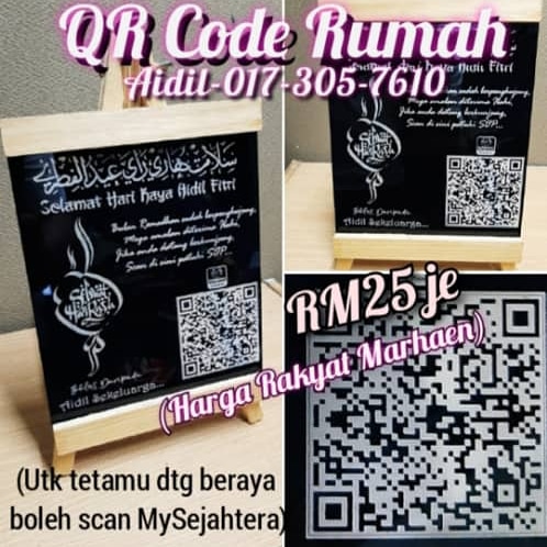 *QR CODE RUMAH UTK TETAMU DTG BERAYA*

RM25 je pun,  harga mampu milik... 

Cara order:
1. Wasap QR Code rumah/kedai. 
2. Bagi nama utk ditulis di ruangan bwh "ikhlas daripada" tu...
3. Transfer RM25... esoknye siap n boleh dtg ambik. Klu nak pos guna JnT tambah RM8.50
0173057610