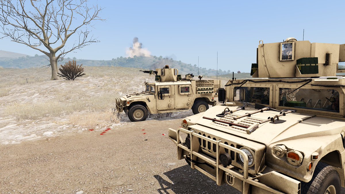 A pair of US Special Forces vehicles responding to a helicopter crash site and calling in firemissions on nearby insurgent positions... #Arma3 @rhsmods