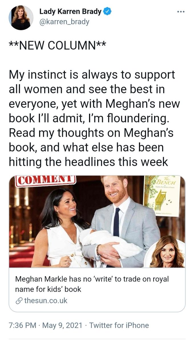 Exhibit 47:  #EvenMoreBookGate Karren Brady scathing op-ed suggesting Meghan has no right to trade on the royal family name. Yet elsewhere the press lauds ex-member of the royal family, Sarah Ferguson for writing a romantic novel.