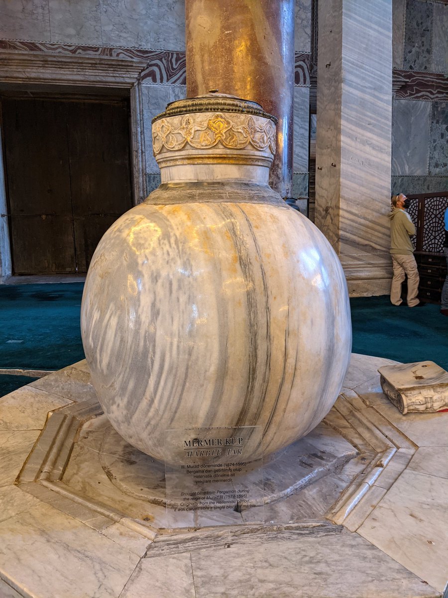 There is a mysterious Hellenistic element. Two great marble urns brought from Pergamon by Sultan Murat III, now hold water for ritual purification.My recent readings cause me to wonder. What was their use originally? Perhaps it was even an industrial use.