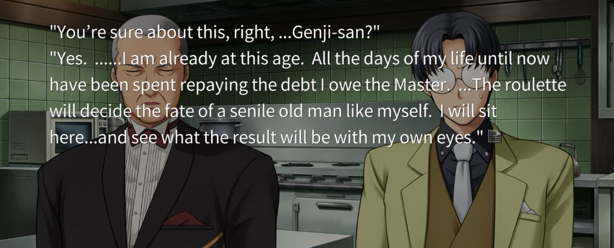 the moment George came up w/ this plan Genji probably knew how Yasu was going to end it...so he's saying that he'll watch over it and ensure it goes smoothly in the worst case, I think.plus more "repaying debt" AKA "why did my adopted dad love Kinzo and not me"... bitter yasu