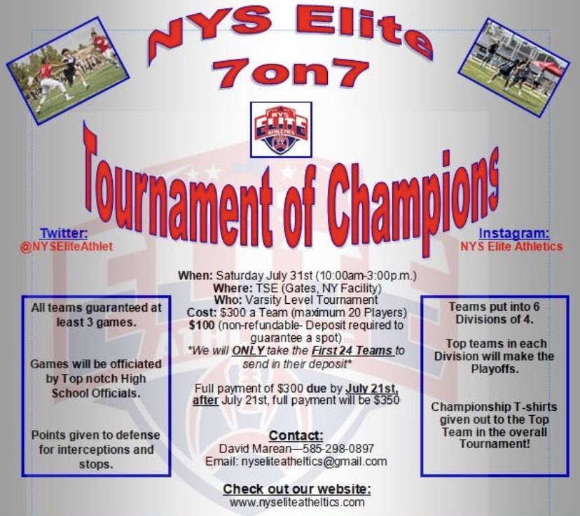 David Marean (@nyseliteathlet) on Twitter photo Excited to announce NYS Elite Athletics 7on7 Tournament of Champions! Do you want to compete against the best? Sign up TODAY! nyseliteathletics.com/7-on-7 <a href="/SecVFootball/">Section V Football</a> <a href="/MrSection6/">Section 6 Football</a> <a href="/section3footbal/">Section 3 Football</a> <a href="/prospectnys/">Prospect NYS</a> <a href="/Coach_Kramer15/">Rob Kramer</a> <a href="/SteveDAnna1/">⭐️Coach Steve D'Anna⭐️</a> <a href="/wny_football/">WNY Football</a> <a href="/TotalSportsExp/">TSE</a> <a href="/VarsityMedia/">Varsity Media</a> Excited to announce NYS Elite Athletics 7on7 Tournament of Champions! Do you want to compete against the best? Sign up TODAY! nyseliteathletics.com/7-on-7 <a href="/SecVFootball/">Section V Football</a> <a href="/MrSection6/">Section 6 Football</a> <a href="/section3footbal/">Section 3 Football</a> <a href="/prospectnys/">Prospect NYS</a> <a href="/Coach_Kramer15/">Rob Kramer</a> <a href="/SteveDAnna1/">⭐️Coach Steve D'Anna⭐️</a> <a href="/wny_football/">WNY Football</a> <a href="/TotalSportsExp/">TSE</a> <a href="/VarsityMedia/">Varsity Media</a>