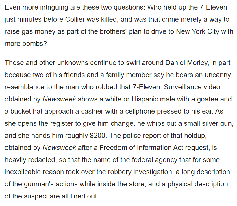 Morley also strangely disappeared from home a few hours before the bombing, returning two days later. And he may well have participated in a robbery and a murder with the Tsarnaevs after the bombing during that period. Feds took over the robbery investigation & nothing came of it