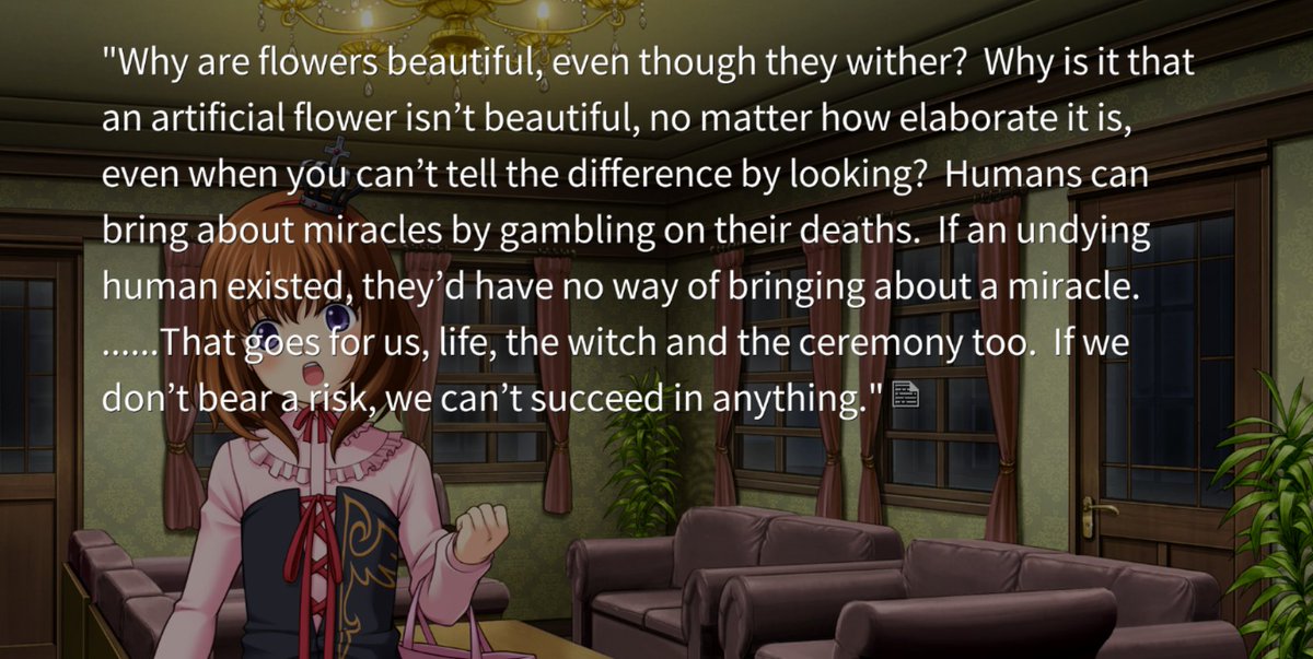 Yasu using Maria as a mouthpiece about magic, miracles, and risks... it explains itself, mostly. it also applies to how much of a risk she took EP3 end, continuing the game hoping for her miracle...ultimately she ended that gamble with her 'death' instead of the 'safe' choice