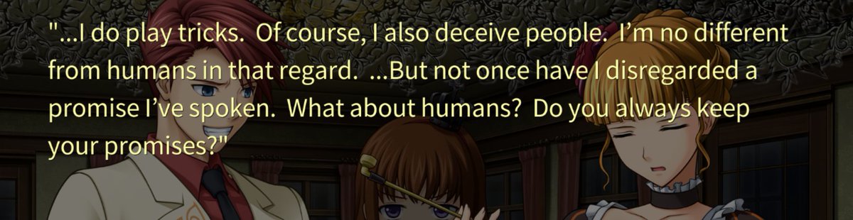 the closer we get to the end the more yasu you can see, really. love how she's directly-not-directly calling out Battler, here, and subtly poking, even though she's sure he's totally forgotten.also how she goes back to quiet, noble Beato for this bit. Promises are IMPORTANT.