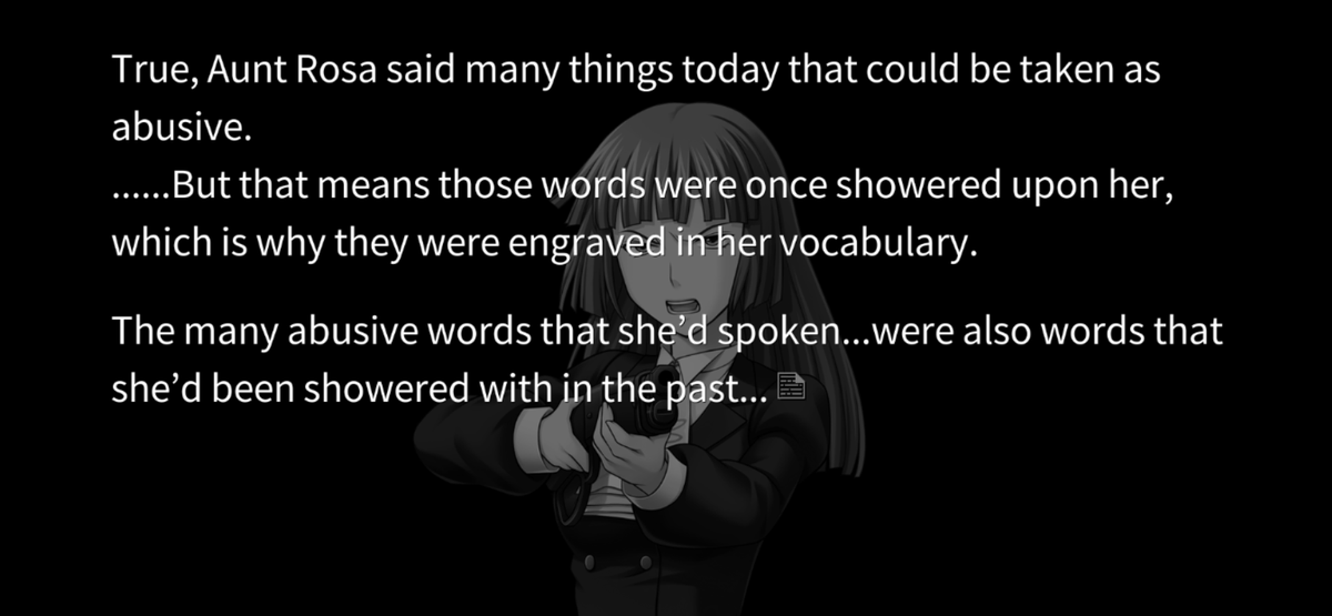 Yasu using Rosa as a way to explain herself and hint about what lies beneath Beato's taunting... she already did use Rosa in the first game to show thoughtfulness and the importance of promises, as well.also in general, the chain of hatred is here! tohya just made it explicit.