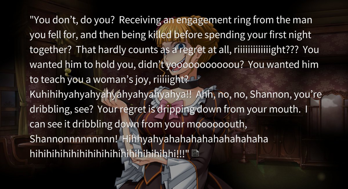 Yasu does and she doesn't have regrets - she's tried VERY hard to convince herself that no, she doesn't, and that sealing the catbox like this is 1000% fine, though.Beato tormenting her with the future that she can't have bc of her body...also "your regret is dripping down" -