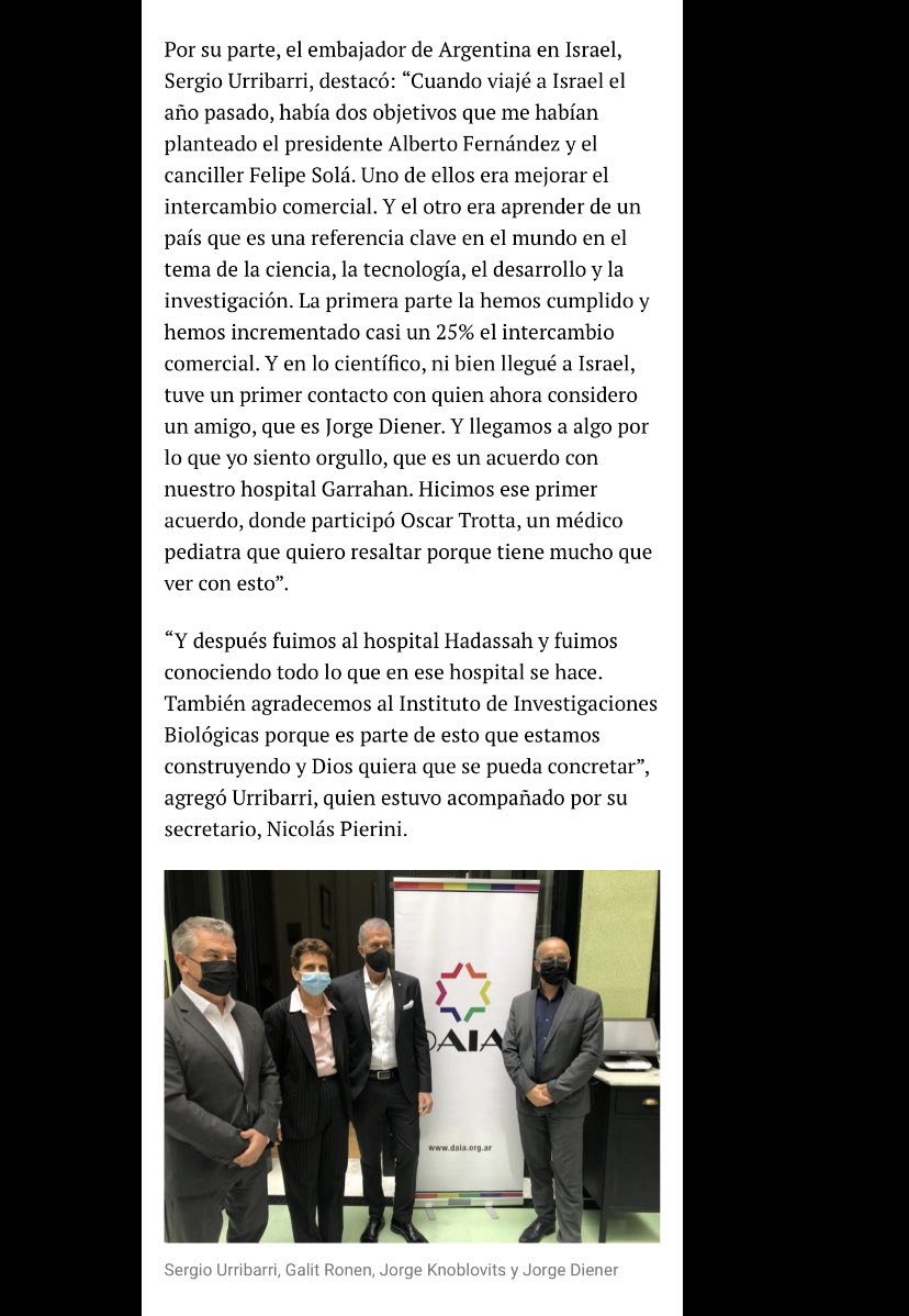 Oscar Trotta (@trottaoscar) on Twitter photo Cuando hace 1 año el Embajador Argentino en Israel <a href="/SergioUrribarri/">Sergio Urribarri</a> ,me llamó,soñamos un proyecto de integración científica entre ambos países.Hoy el sueño se hace realidad en la producción de la vacuna contra COVID-19 Mañana el Garrahan será parte de eso. agenciaajn.com/noticia/import… Cuando hace 1 año el Embajador Argentino en Israel <a href="/SergioUrribarri/">Sergio Urribarri</a> ,me llamó,soñamos un proyecto de integración científica entre ambos países.Hoy el sueño se hace realidad en la producción de la vacuna contra COVID-19 Mañana el Garrahan será parte de eso. agenciaajn.com/noticia/import…