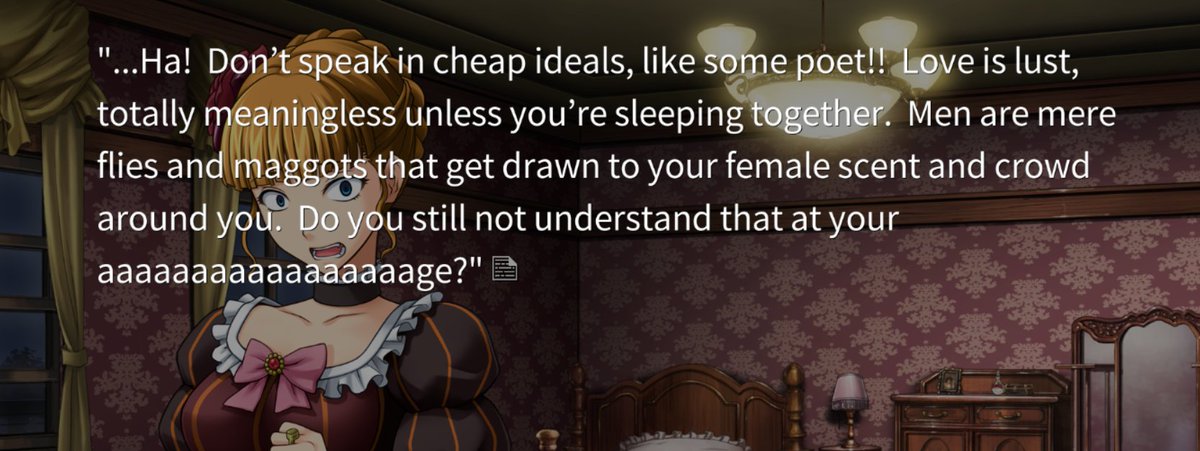 also watching Shannon in this scene, she's terrifying. Shannon is so fully committed to the catbox even as Beato points out how George wouldn't be able to love her with her body.But also Yasu feeling like she can't have love w/o *** is painful. She needs a hug. All the hugs.