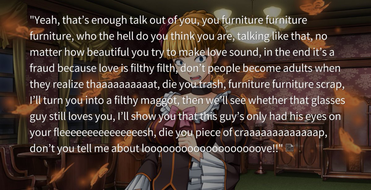 whenever Beato speaks like this I think it's Yasu's internal monologue/intrusive thoughts, and here it's probably a good portion of her mind when she commits suicide.She can't believe in love, esp. when George rejects her. So die here with him, make it eternal.