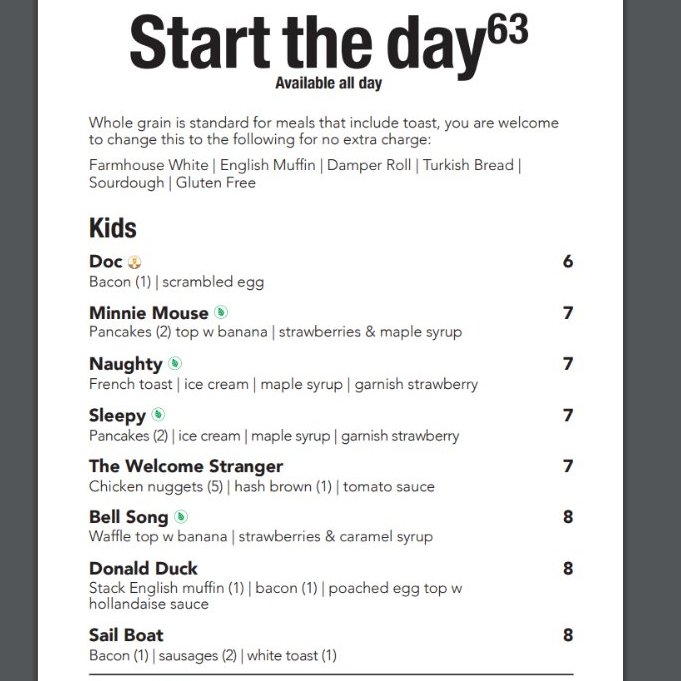 We start with the kids menu. On reading the first three items, you might think "oh, the kids things are named after disney characters". Item 4 is the largest gold nugget ever found, so you think, oh maybe because they're chicken nuggets for breakfast?#5 is a type of daffodil.