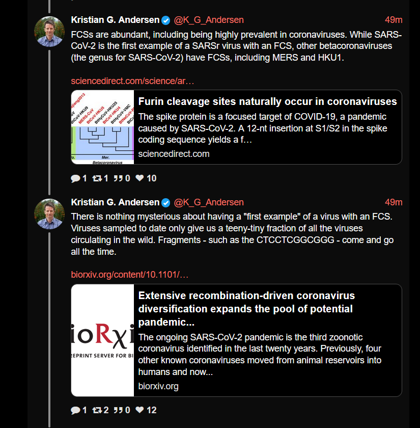 Here he downplays the FCS of SARS2. These fragments do not really come and go all the time. I am not aware of experiments on CoV where the FCS arose by cell or animal passage. More on the FCS here: https://twitter.com/Rossana38510044/status/1391282175392243717