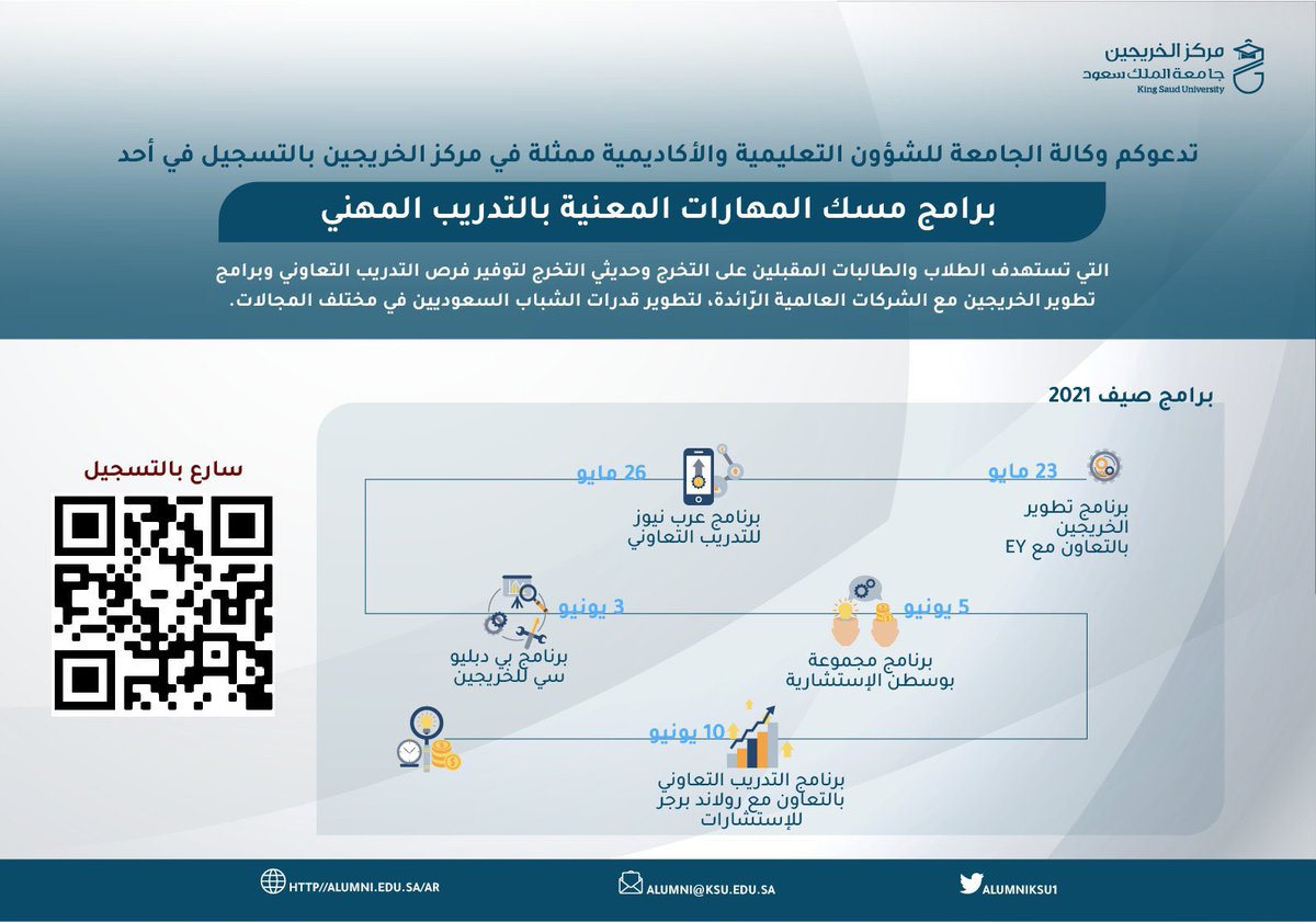 بالتعاون مع مؤسسة مسك الخيرية..

يعلن مركز الخريجين @Alumniksu1 عن فتح باب التسجيل في برامج مسك المهارات التي توفر فرص التدريب التعاوني وبرامج تطوير الخريجين مع الشركات العالمية الرائدة، وتستهدف هذه الفرص الطلاب المقبلين على التخرج وحديثي التخرج.

للتسجيل:
linktr.ee/MiskSkills