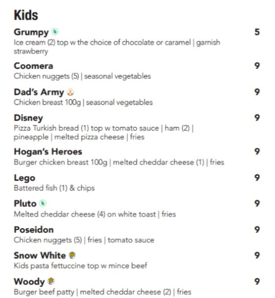 your eyes start to dart around the menu, you find the Kids lunch/dinner menu - you spot more disney characters! Finally, you hope, some coherence!Your hopes are dashed when you see dishes named after sitcoms that no child born in the last 30 years has seen, let alone heard of.