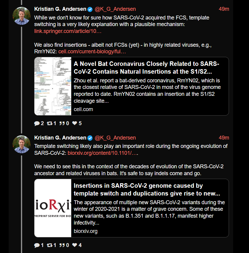 Here he refers to RmYN02, which has no insertion at the S1/S2 cleavage site https://arxiv.org/abs/2012.00627  https://twitter.com/ydeigin/status/1373009214851932169And to Gallaher's paper, with the fanciful theory of recombination on a train to WuhanRecombination is rare outside its group + https://yurideigin.medium.com/btw-i-did-some-follow-up-reading-on-hku9-and-it-seems-it-cant-bind-ace2-or-dpp4-4370915065f6