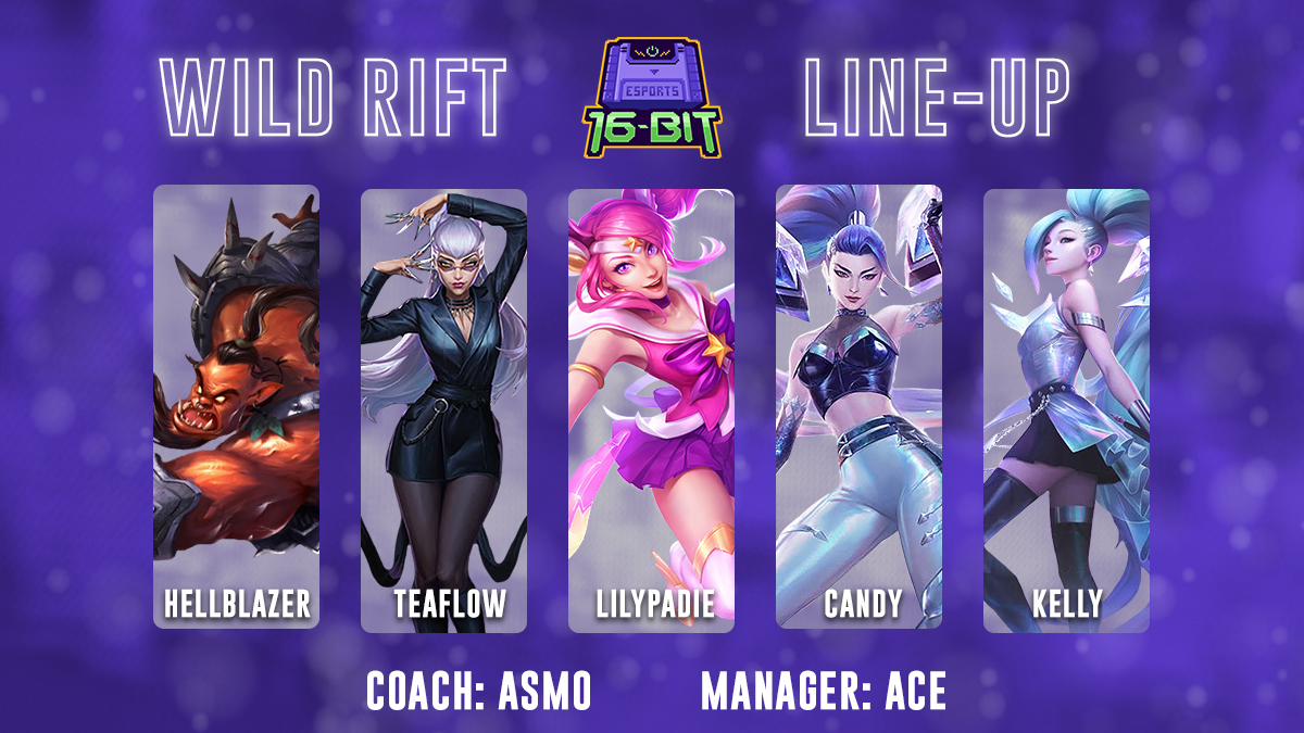 16bit_esports's tweet photo. So excited to announce our All Women's Team for Wild Rift! #POWERON 

Baron Lane: @MariaSideris 
Jungle: @Teaflow_ 
Mid: @lily_paddie 
Dragon Lane: @candyouuo 
Support: @oKxllyx 

Coach: Asmo  
Manager: @LegendAcyA https://t.co/HWZhCMGnSS