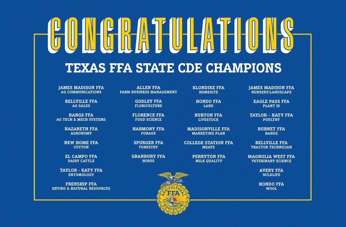TexasFFA's tweet photo. Congratulations to all of the 2021 Texas FFA CDE Champions! #TexasFFA https://t.co/HpKPcDvL1q