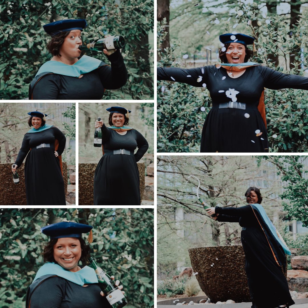 ELO531's tweet photo. Making it to West Chester for commencement tomorrow was impractical. Instead, I commemorated my doctoral graduation with a fun photo shoot! We went serious (collage 1), we made sure to include a few peeps that I love (collage 2), and finally, we celebrate (sassy collage 3)! https://t.co/8kNIcwSWuy