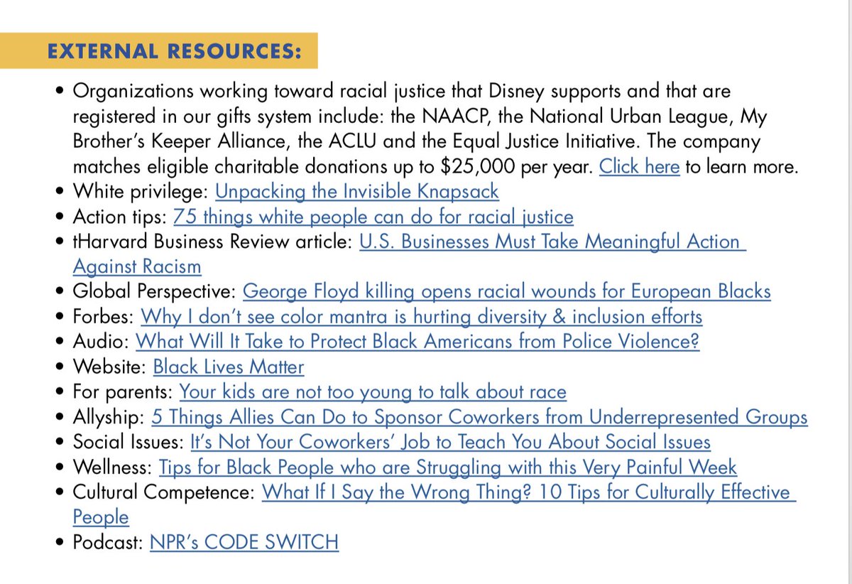 Disney recommends that employees read a how-to guide called “75 Things White People Can Do for Racial Justice.” The article tells readers to “defund the police,” “participate in reparations,” “decolonize your bookshelf,” and “find and join a local ‘white space.’”