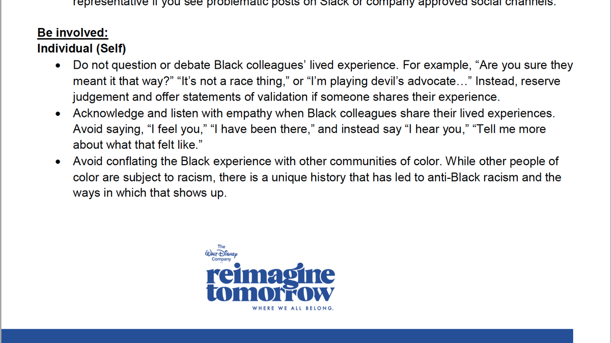 White employees are told to “work through feelings of guilt, shame, and defensiveness to understand what is beneath them and what needs to be healed.” They must “listen with empathy [to] Black colleagues” and “not question or debate Black colleagues’ lived experience.”