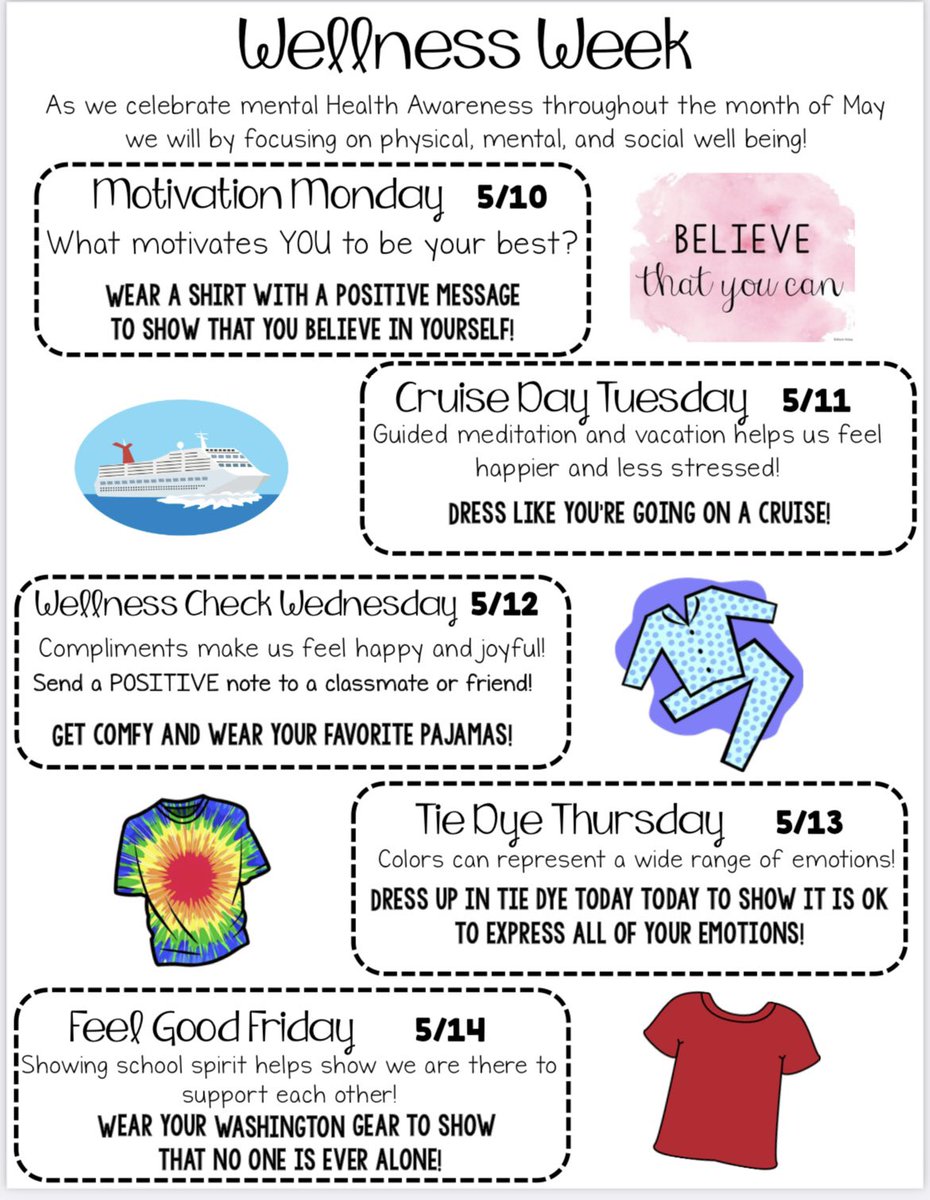 WESCounseling's tweet photo. Save the Date! Washington School will participate in Wellness Week (10th-14th) where we will bring attention to Mental Health Awareness Month! #yourenotalone #sel #MentalHealthAwarenessMonth #nostigma @WashCardinals https://t.co/q6sWU05xPn