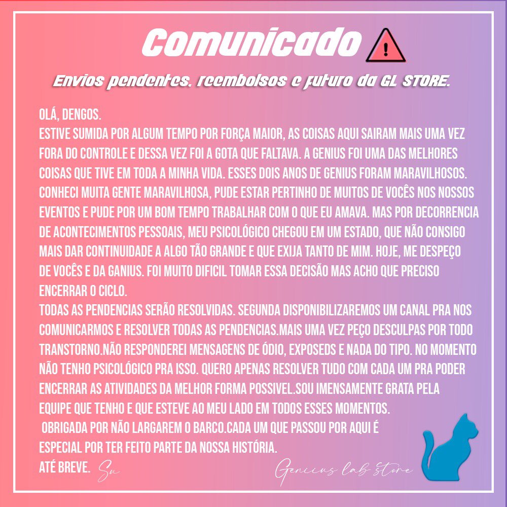 GLStore_'s tweet image. Olá, comunicado importante!
Pedimos que leiam com atenção, já começamos a resolver todas as pendências, segunda-feira teremos um canal oficial para melhor comunicação. 

Fiquem seguros.
Genius Lab Store 🐈