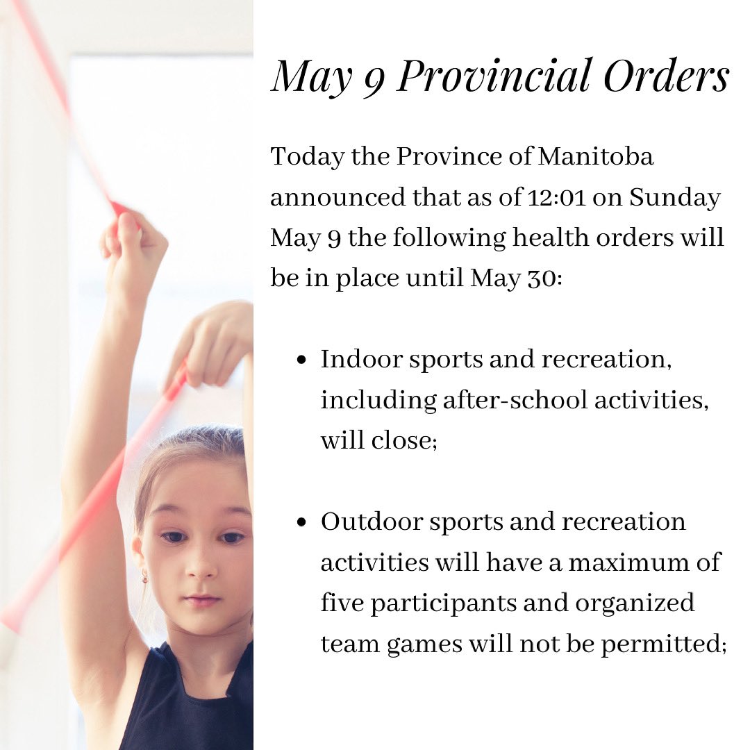rgmanitoba's tweet photo. In light of today’s announcement, all indoor rhythmic gymnastics programming will shutdown effective 12:01 Sunday May 9. https://t.co/28KZ2nqCXU