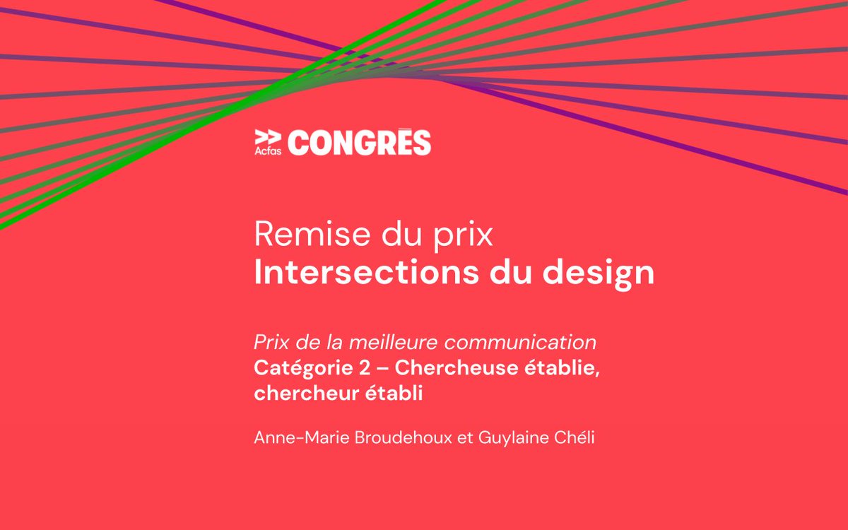 Anne-Marie Broudehoux et Guylaine Cheli reçoivent le Prix Intersections du design 2021, catégorie "Chercheuse établie" lors du colloque "Intersections du design 2021 : prendre soin par le design" au 88e congrès de l'@Acfas, en partenariat avec <a href="/scidudesi/">Sciences du Design</a>  linkedin.com/posts/stephane…
